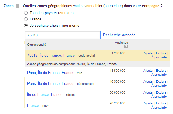 ciblage géographique adwords