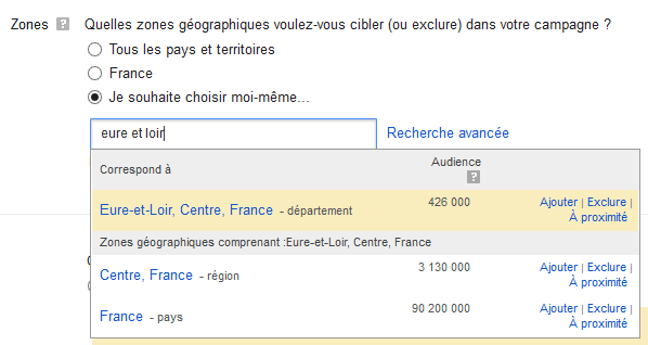 cibler une région publicité google