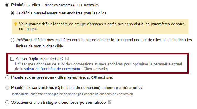 activer optimiseur de cpc