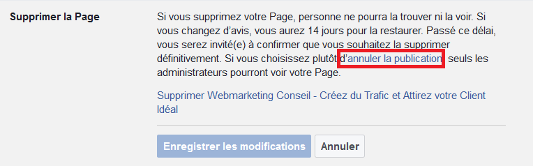 désactiver page facebook