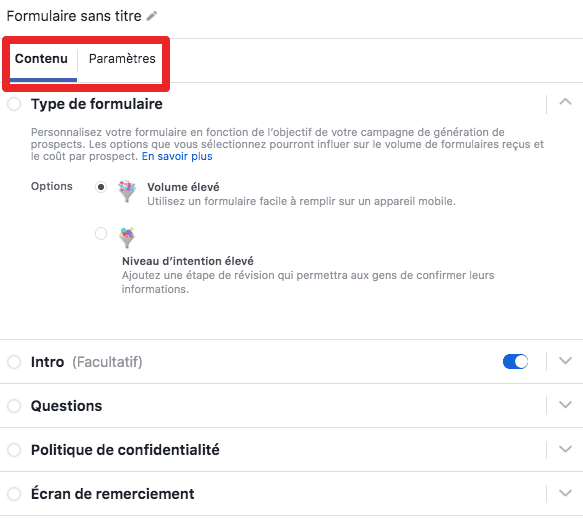 facebook publicité formulaire