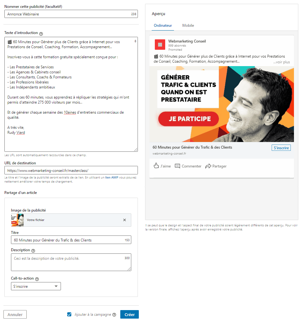 créer annonce linkedin