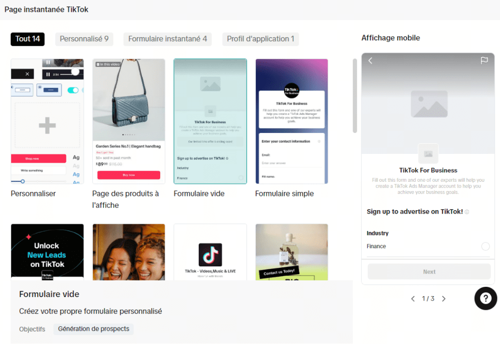 page instantanée tiktok