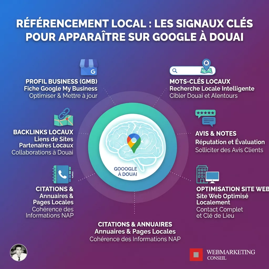 Infographie SEO local Douai signaux Google