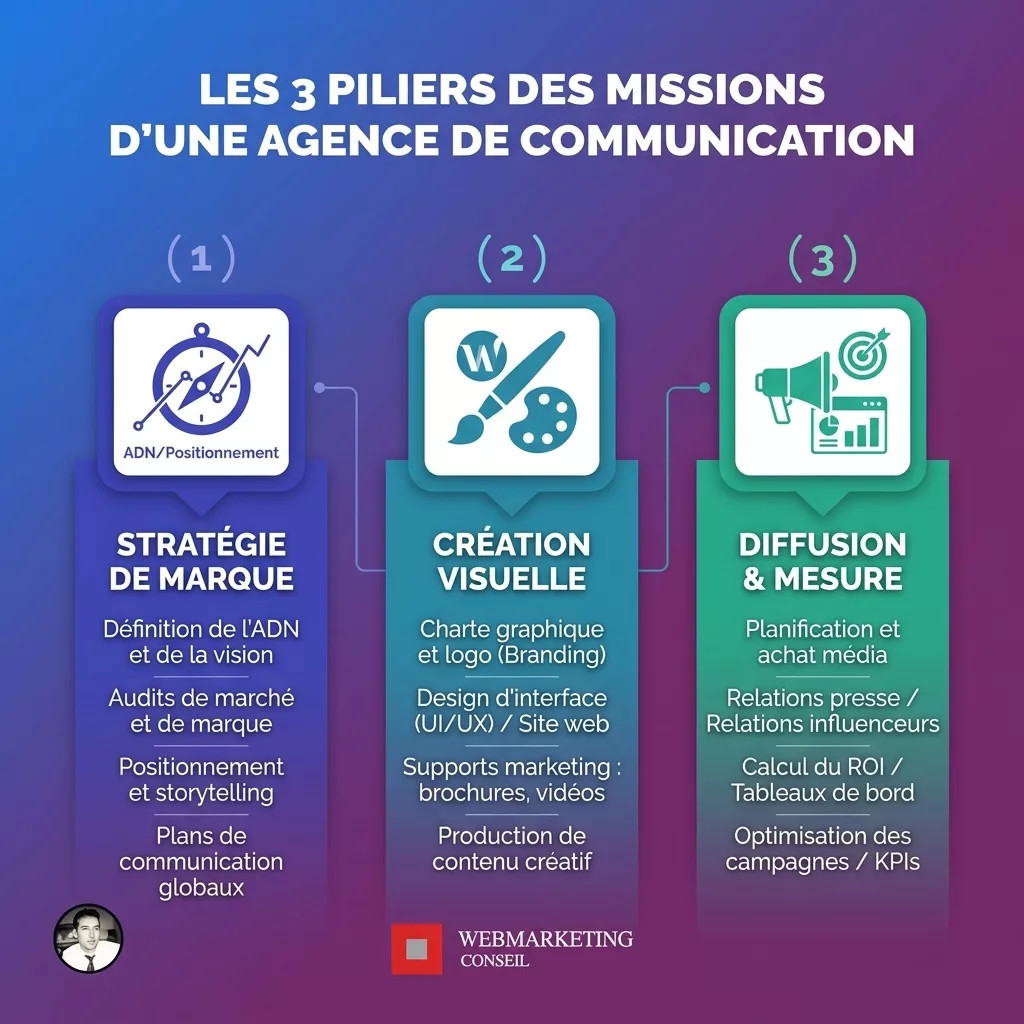 Infographie 3 piliers agence communication