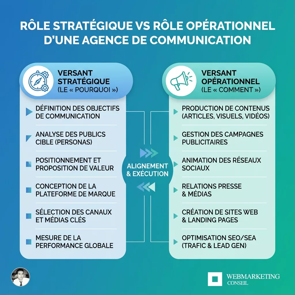 Infographie stratégie vs opérationnel agence communication