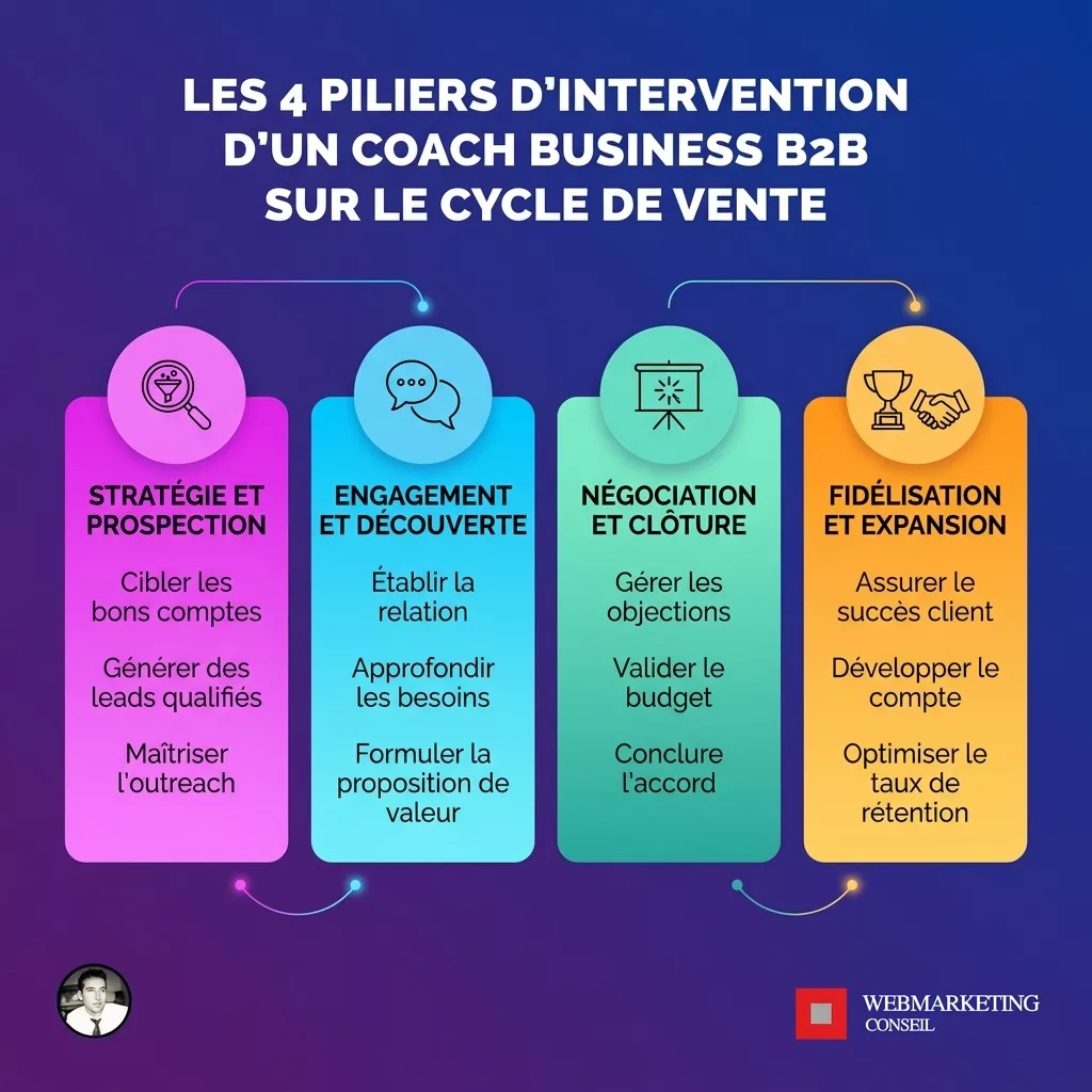 Schéma des étapes du cycle de vente couvertes par le coach B2B
