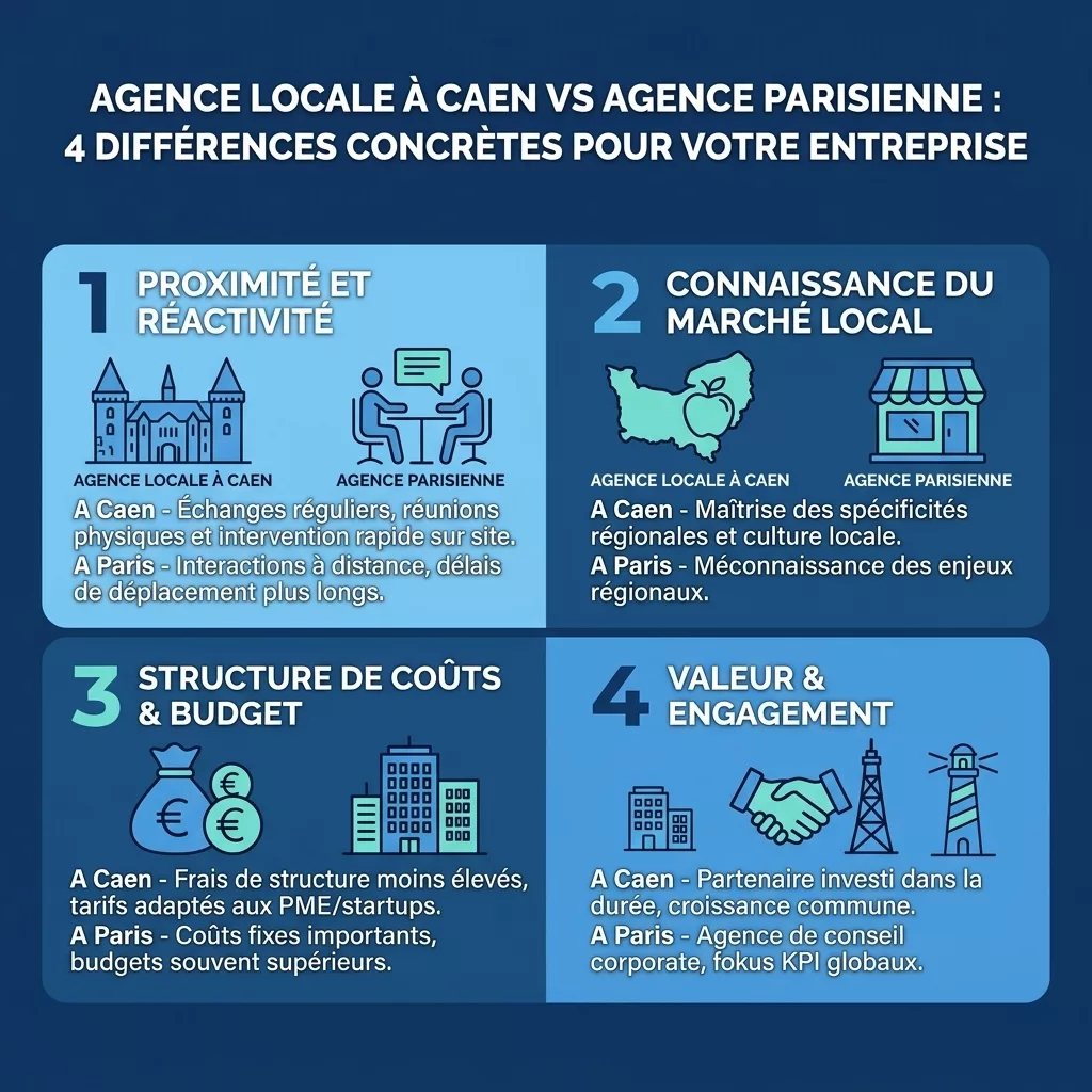 Infographie agence locale Caen versus agence nationale