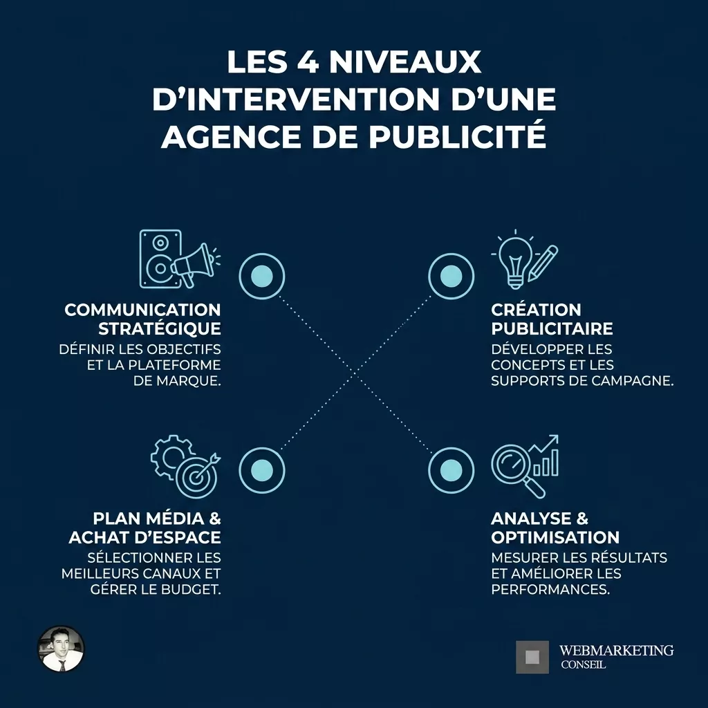 Schéma des 4 étapes : stratégie, création, diffusion, mesure