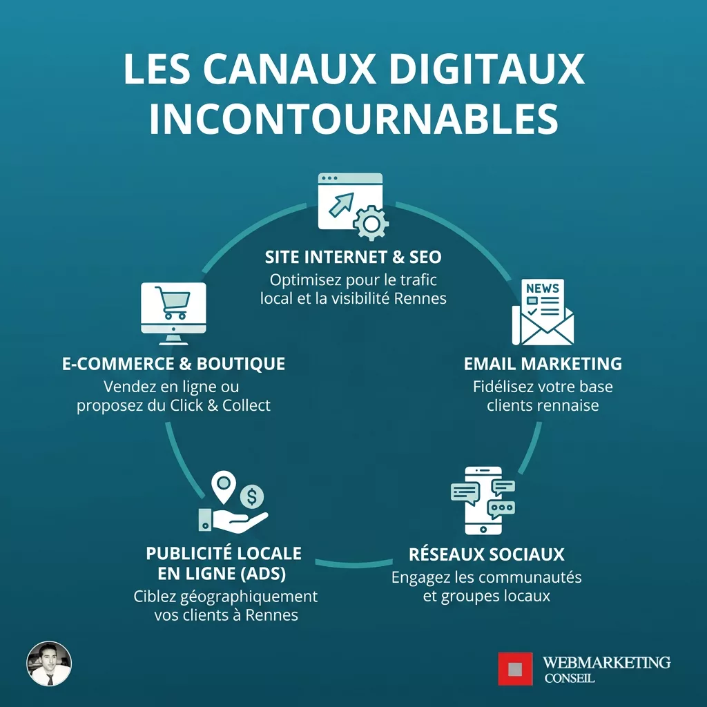 Infographie canaux digitaux SEO réseaux sociaux email Rennes