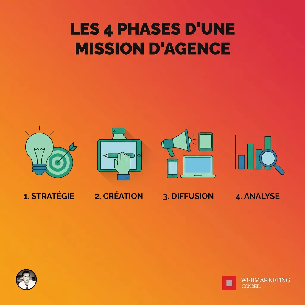 Schéma des 4 étapes d'une agence de communication