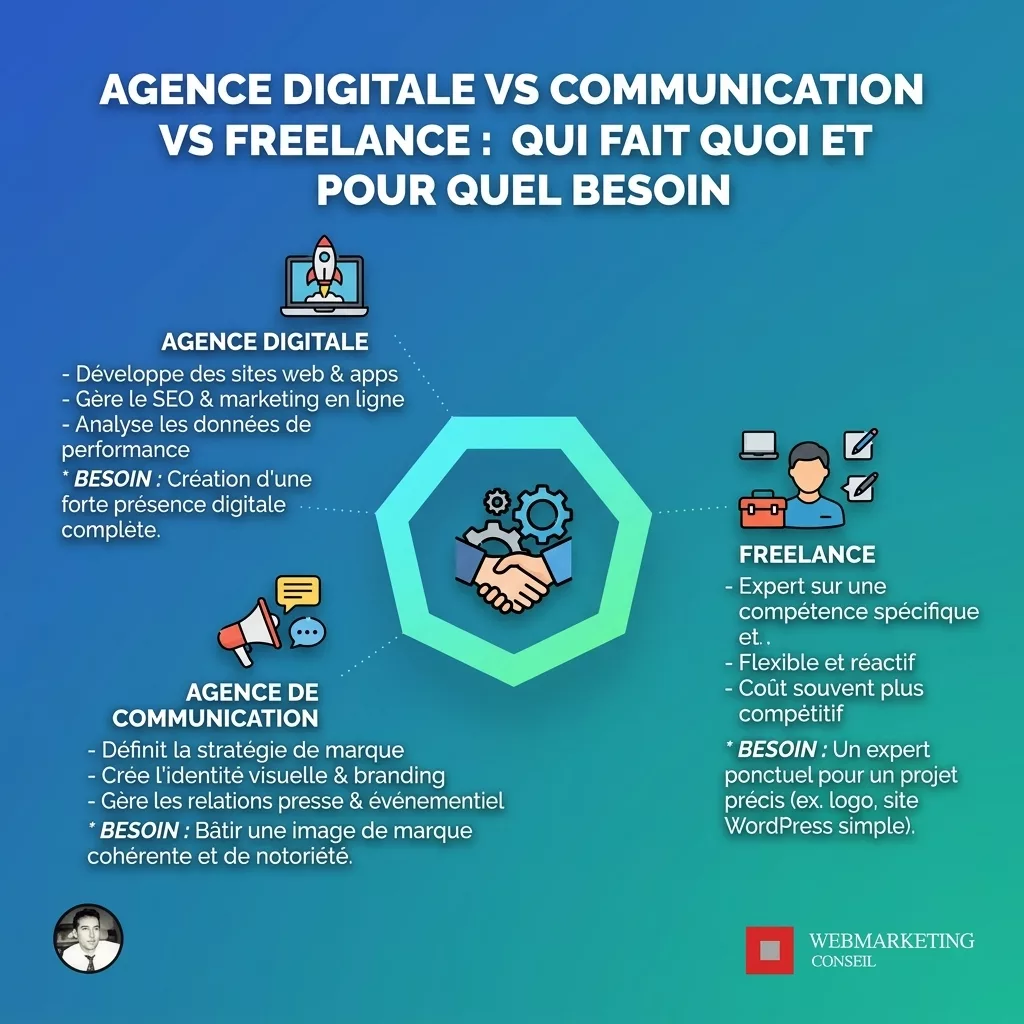 Tableau comparatif agence digitale, com et freelance