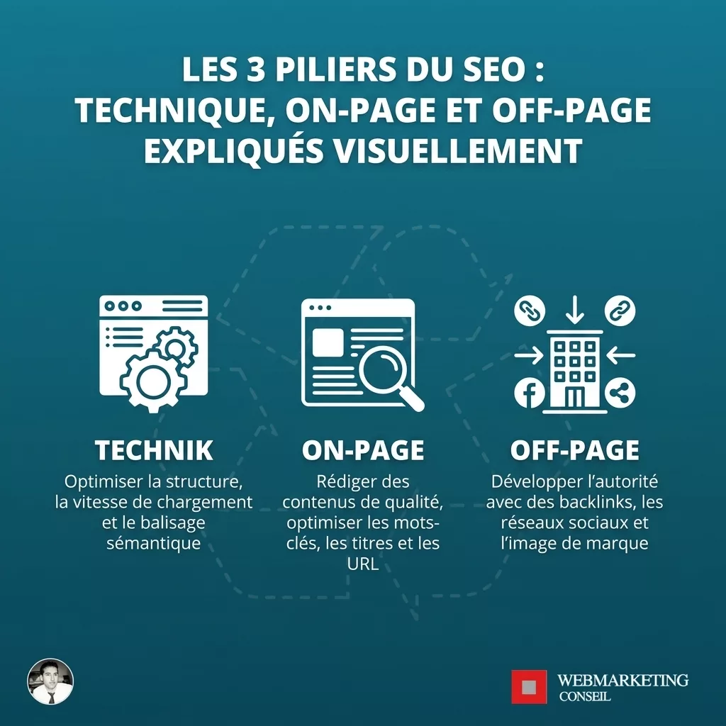 Infographie 3 piliers référencement naturel