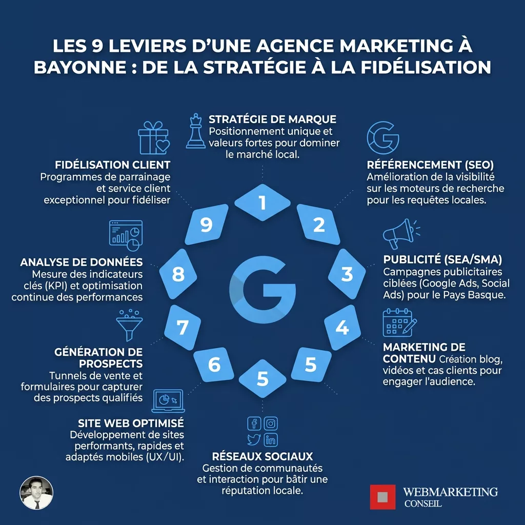 Infographie leviers agence marketing Bayonne