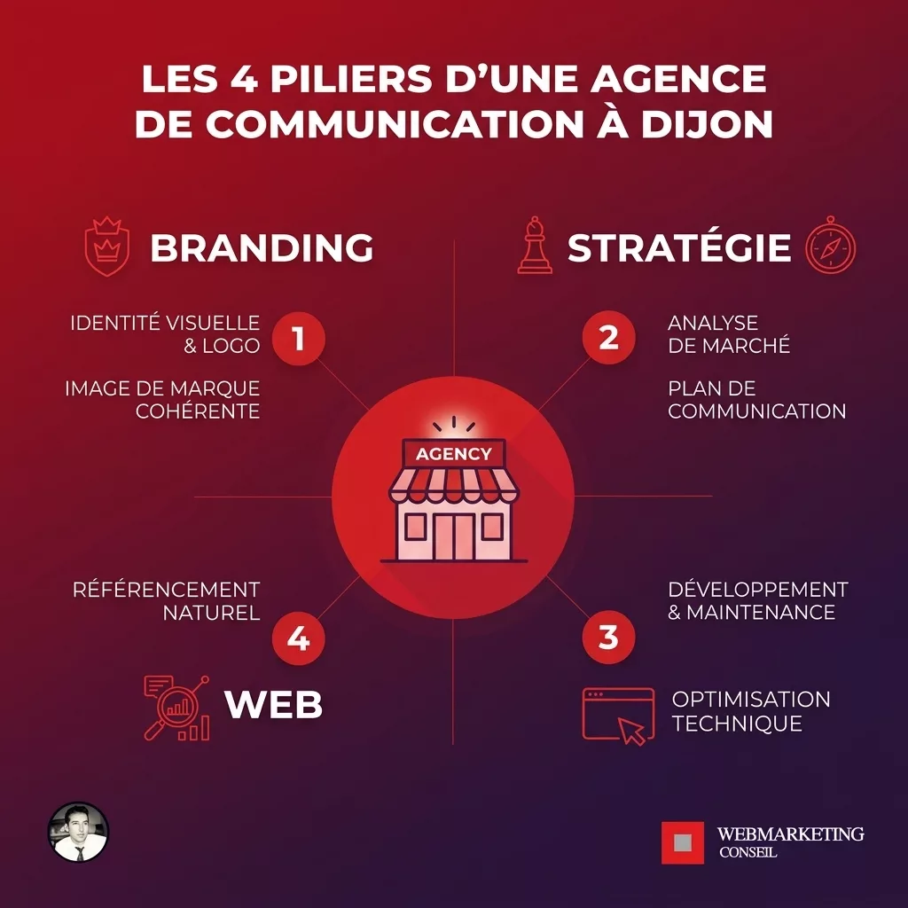 Infographie piliers agence communication Dijon