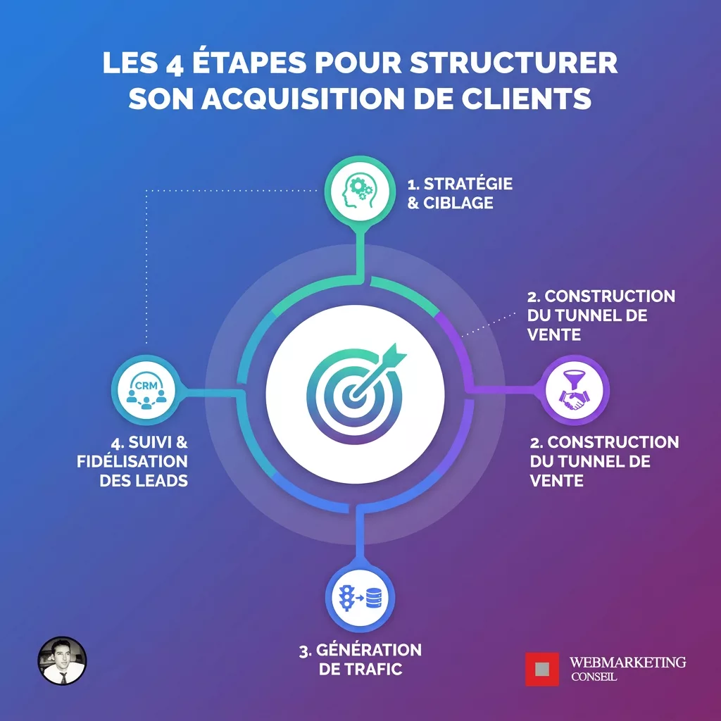 Schéma des quatre étapes d'acquisition client formateur