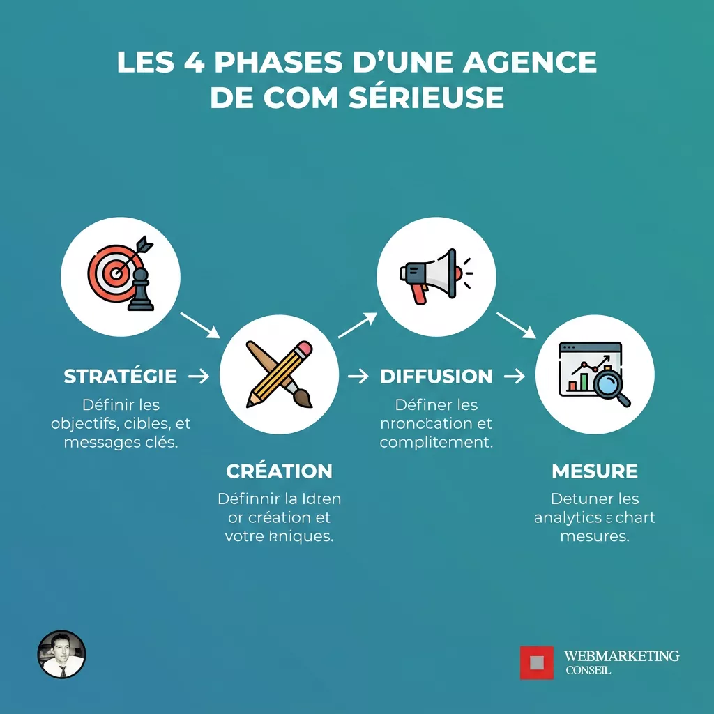 Schéma des 4 étapes d'une agence de communication