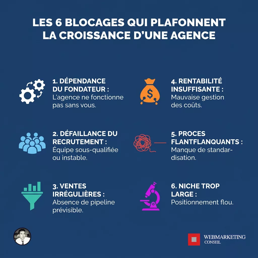 Schéma des 6 blocages de croissance agence B2B