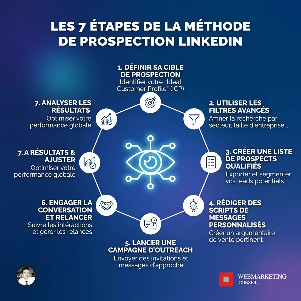 Schéma des 7 étapes de prospection LinkedIn B2B